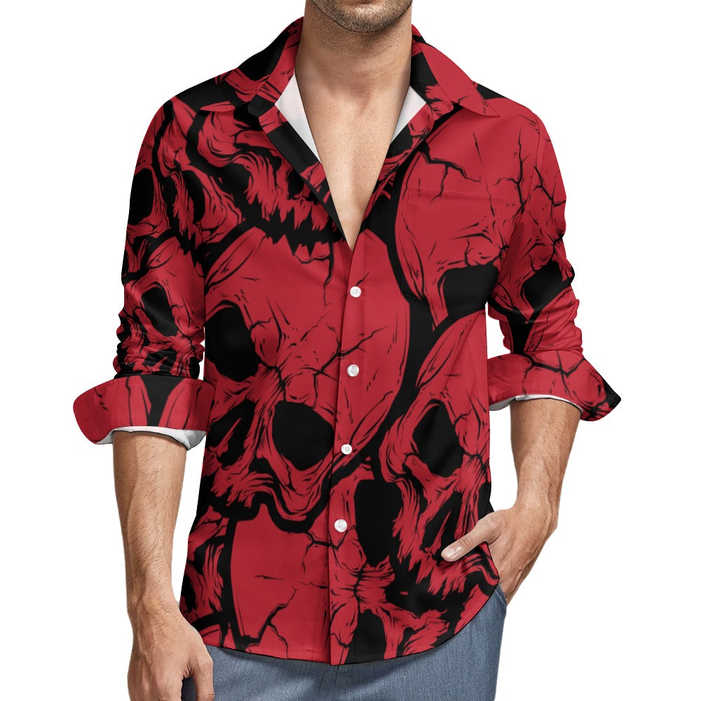 Red Skull Design Casual One Pocket Long Sleeve Shirt