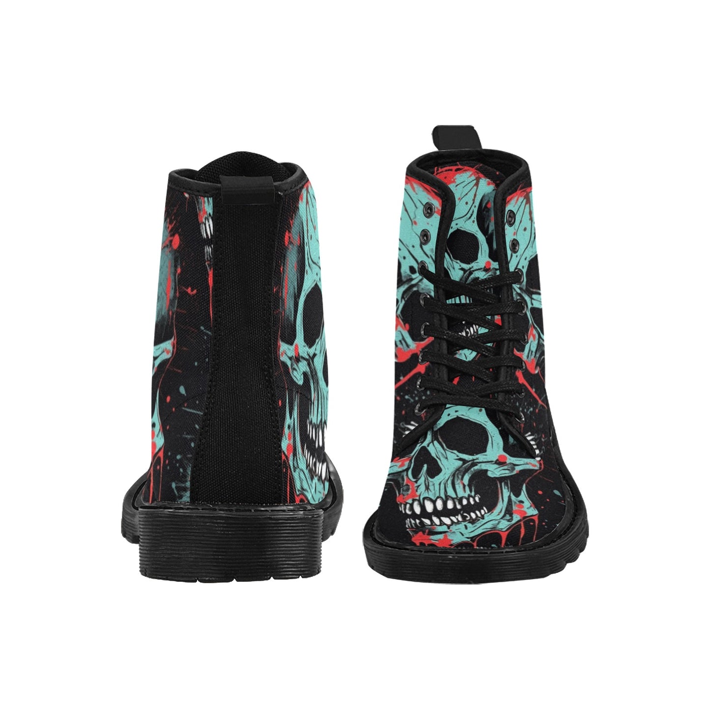Blue Skulls With Red Splatter Lace Up Canvas Boots