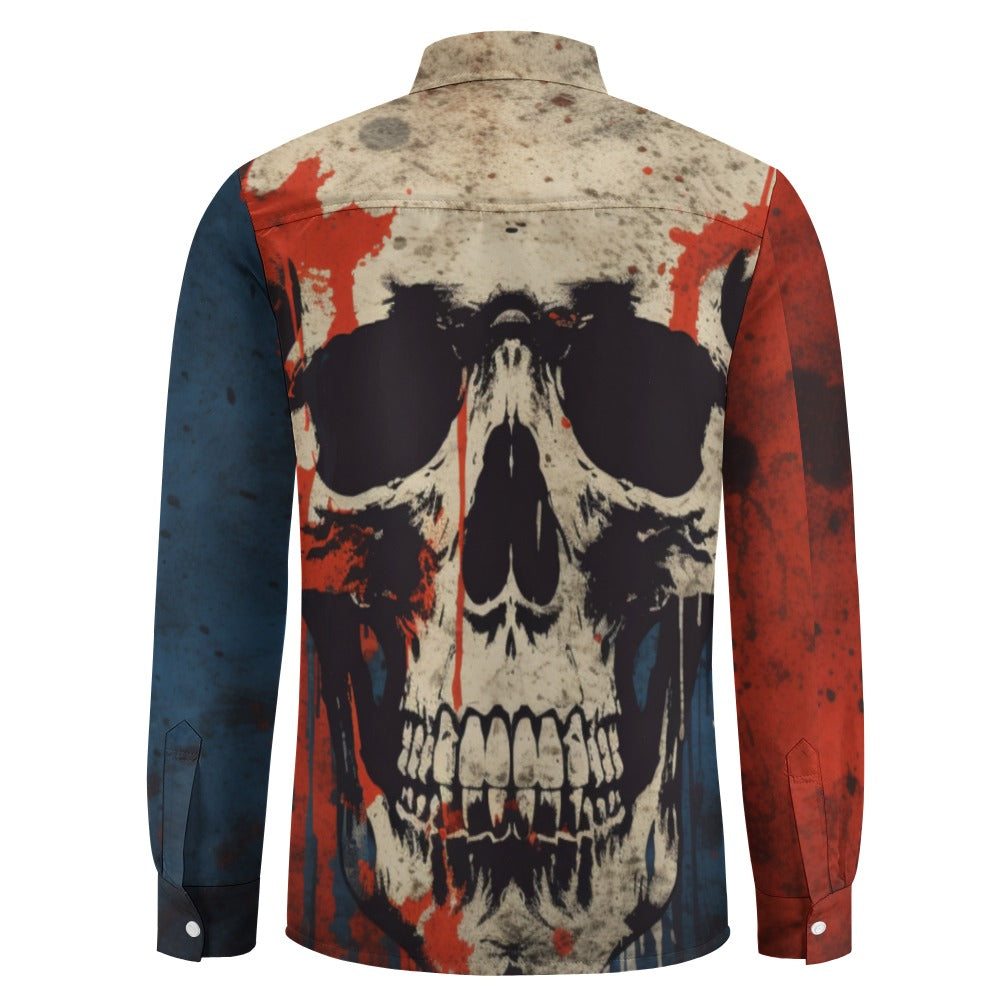 Gritty Skull Design Casual One Pocket Long Sleeve Shirt