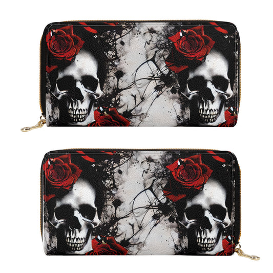 Skull And Roses Leather Zipper Purse