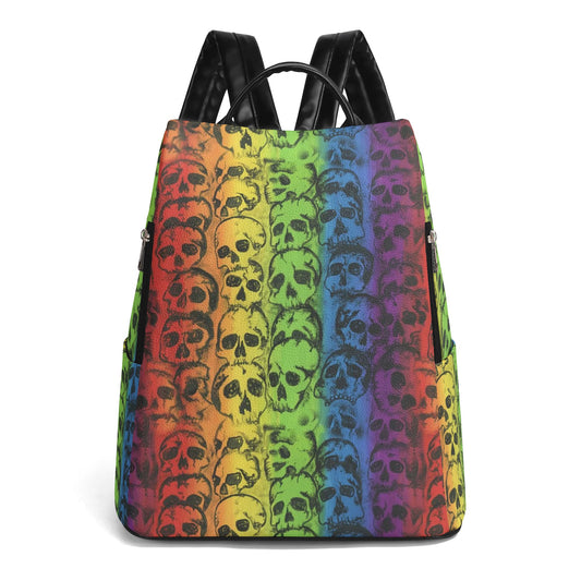 Rainbow Skulls Leather Anti-theft Travel Backpack
