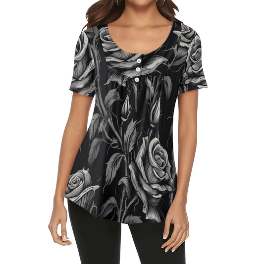 Withering Roses Scoop Neck Short sleeve Loose Blouse