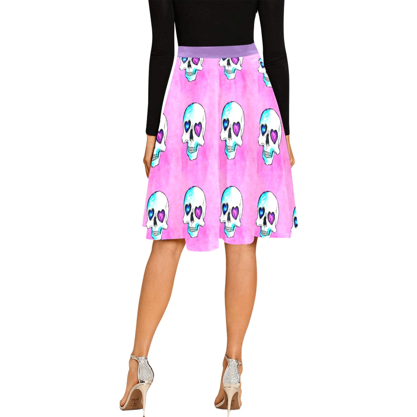 Pink Skull Head Pleated Midi Skirt