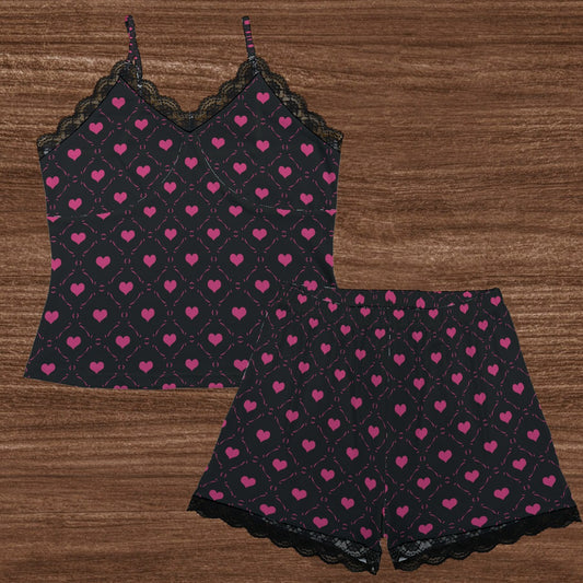 Little Pink Hearts Cami Home Suit With Lace Edge
