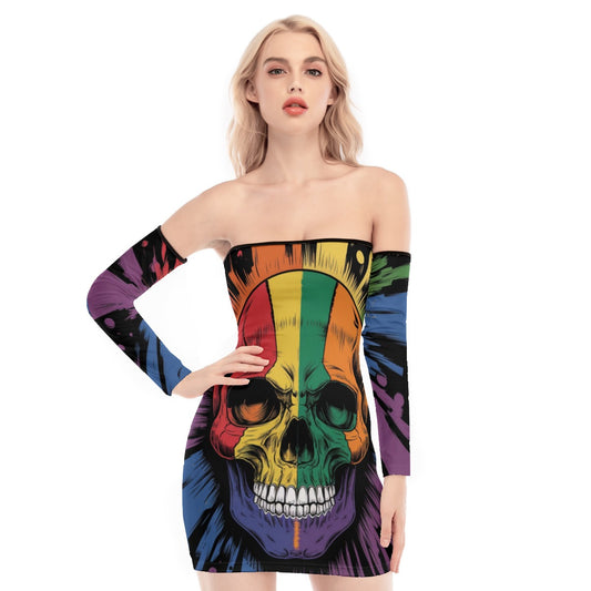 Rainbow Pride Skull Off-shoulder Back Lace-up Dress