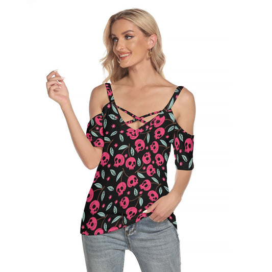 Cherry Skulls Cold Shoulder T-shirt With Criss Cross Strips