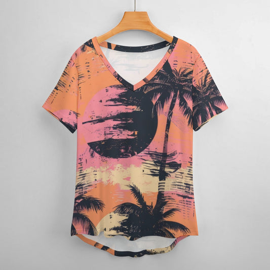 Grunge Sunset Ice Silk V-Neck Short-sleeve Shirt