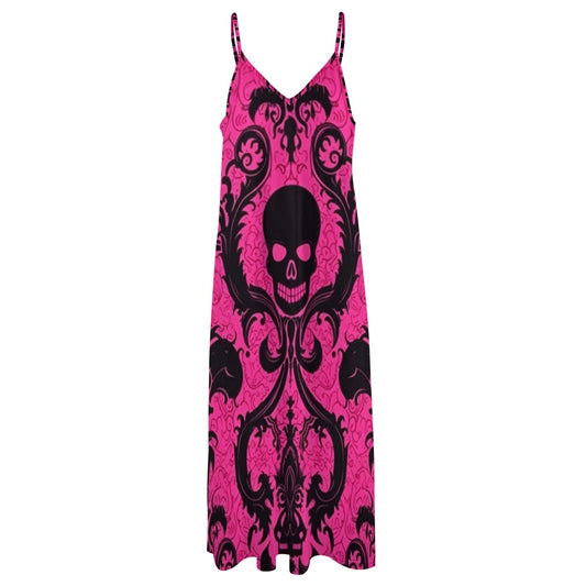 Skulls On Pink Sling Ankle Long Dress