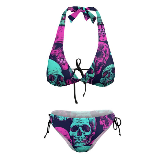 Neon Skulls V-Neck Bikini Swimsuit