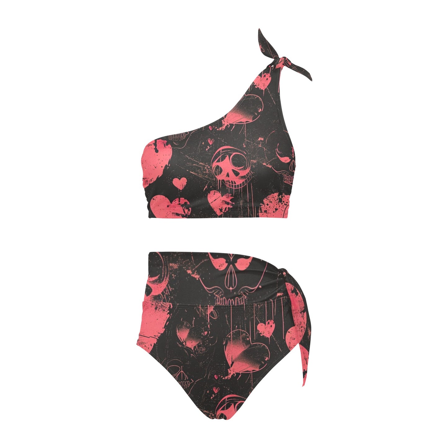 Faded Hearts High Waisted One Shoulder Bikini Set