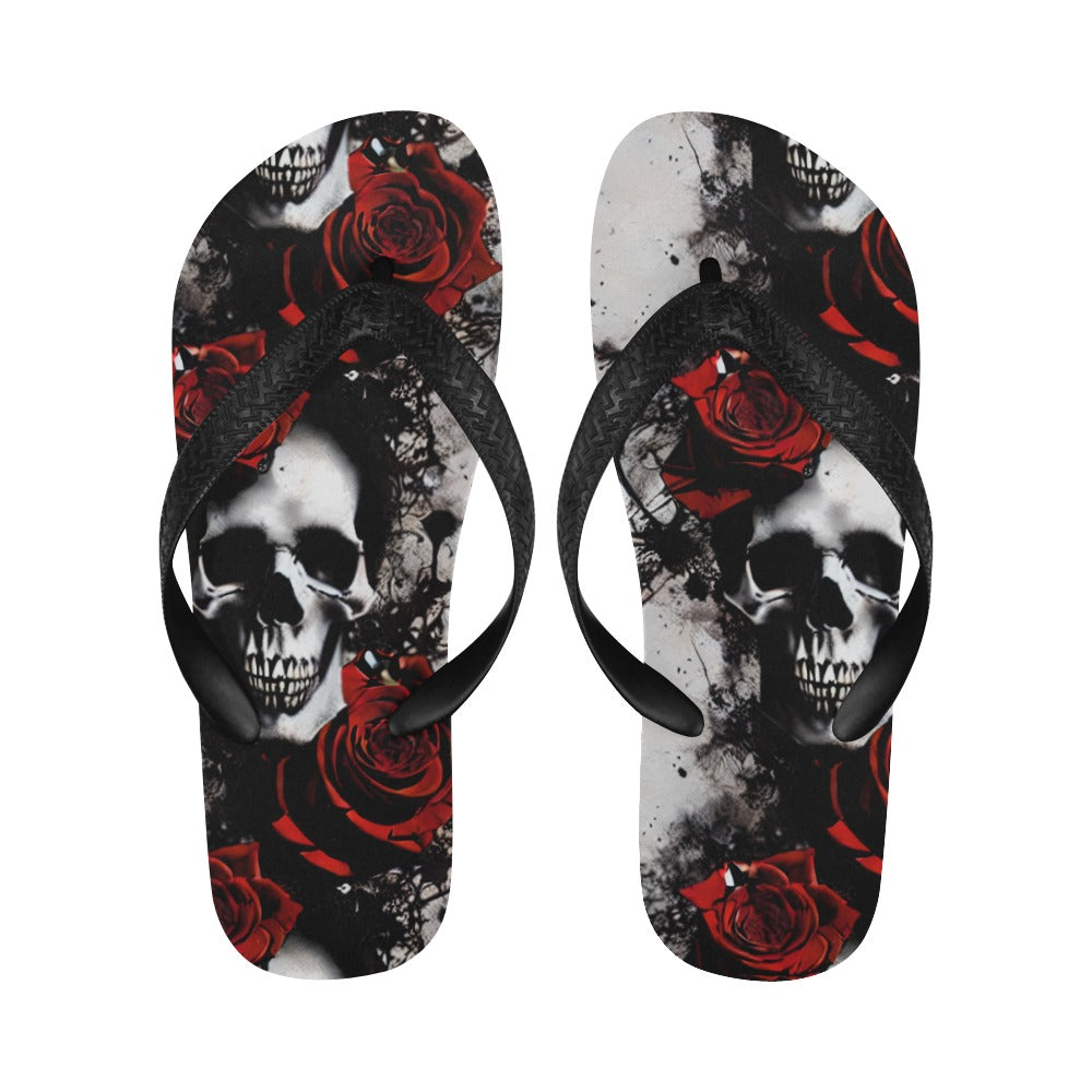 Paint Splattered Skull And Roses Flip Flops