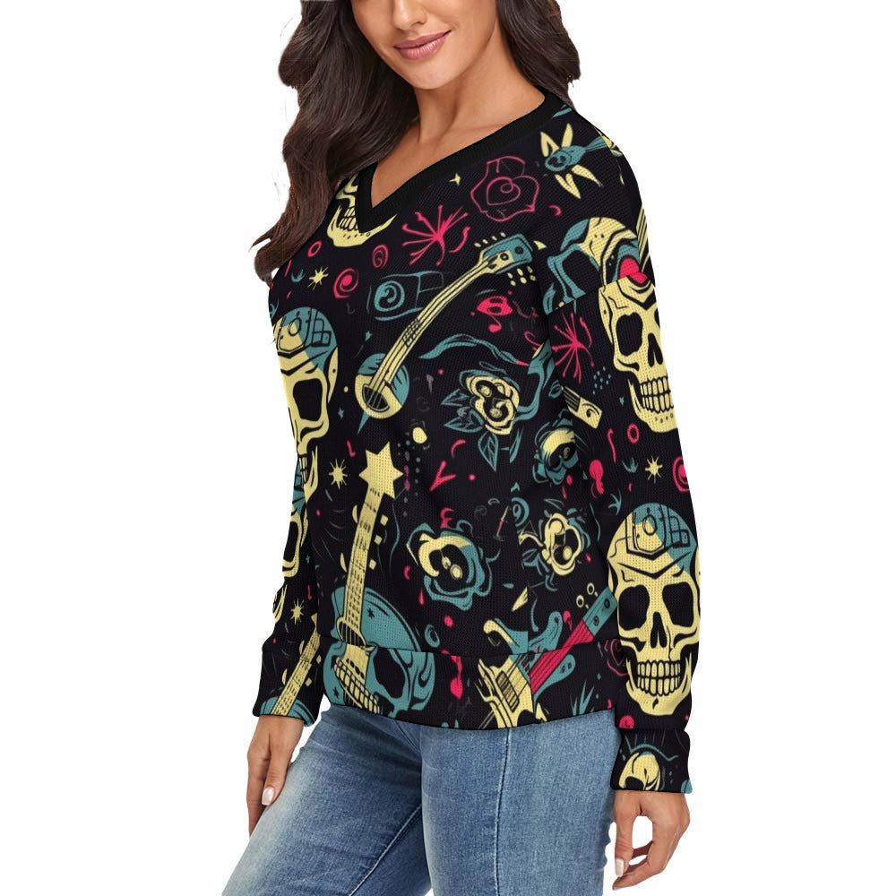 Punk Rock Skulls V-Neck Long Sleeve Sweater