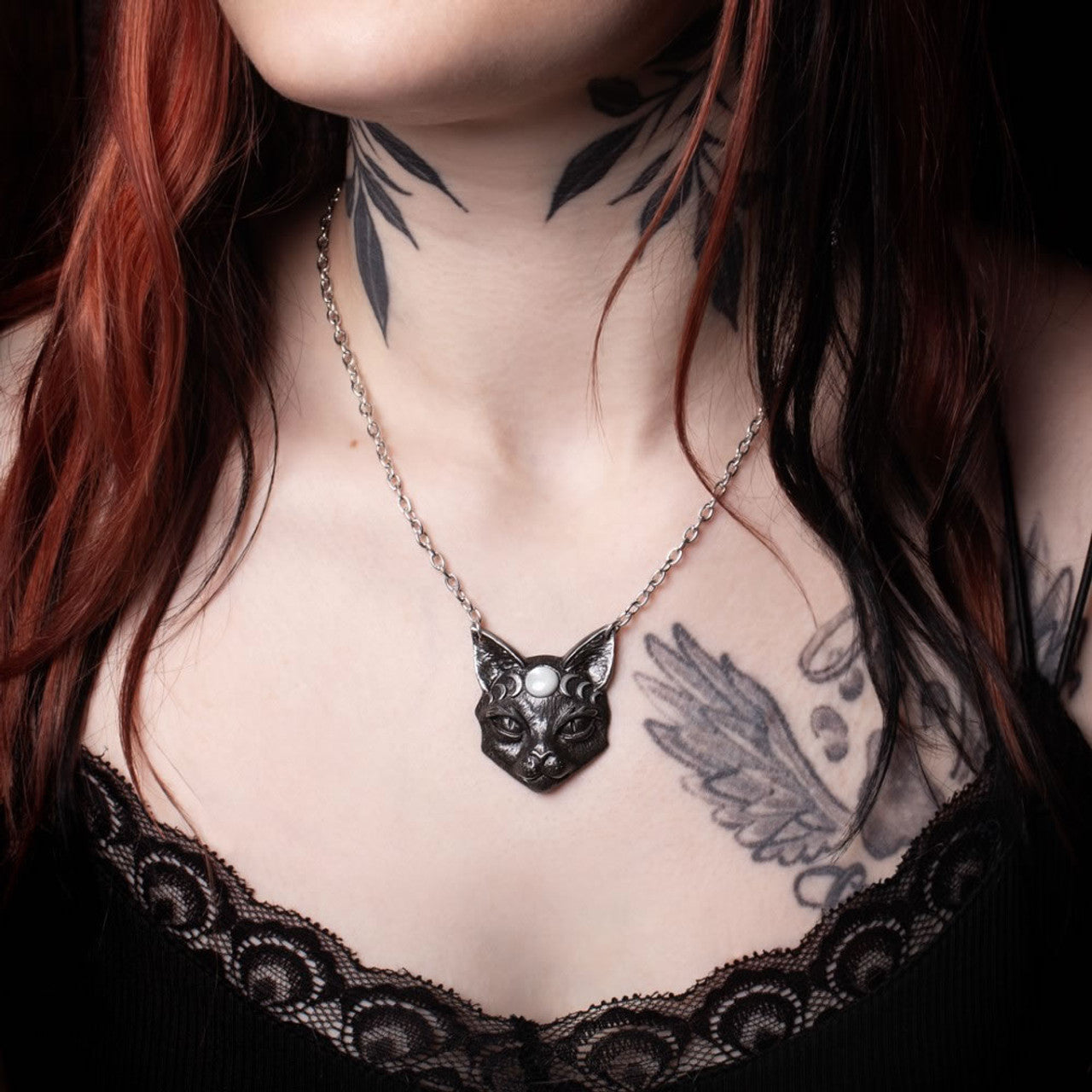 Blackened Pewter Moon Cat Necklace