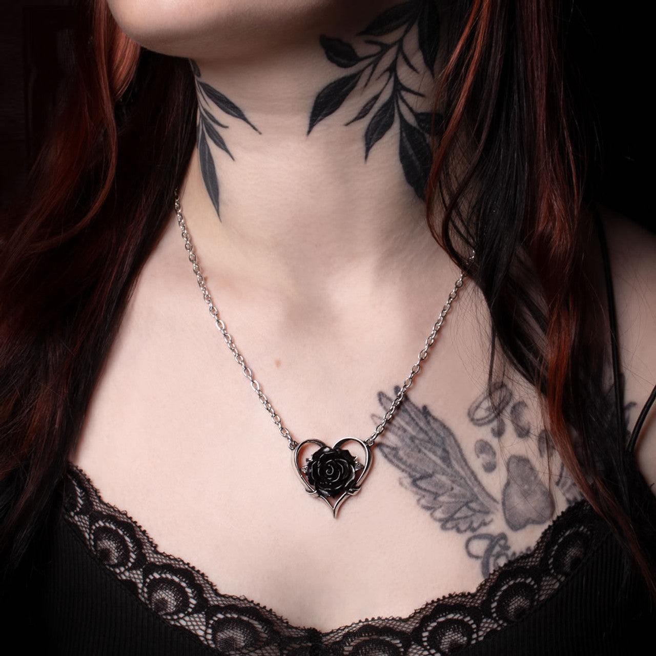 Mysterious Black Rose And Heart Pendant