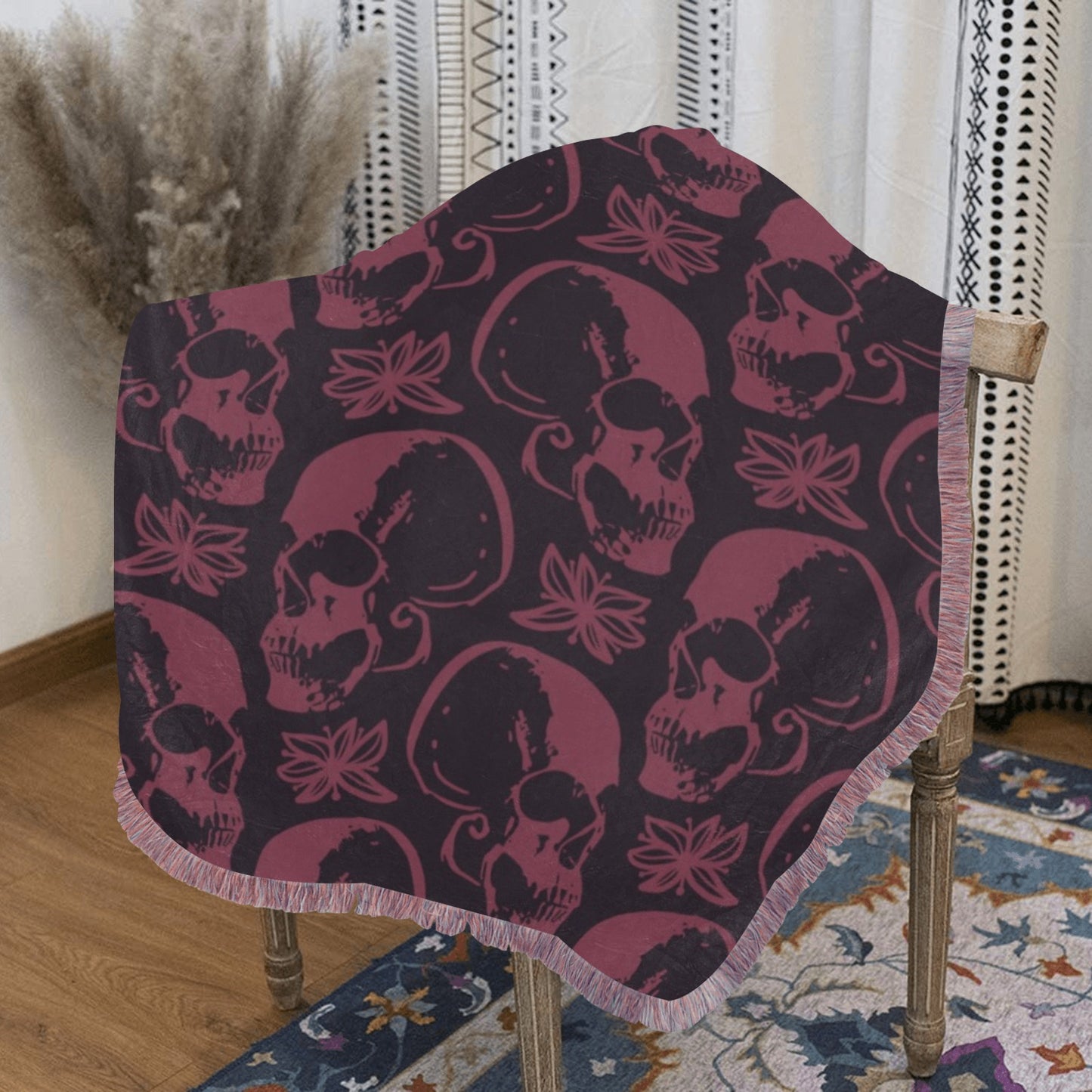 Purple Skulls Ultra-Soft Mixed Pink Fringe Blanket (60x80 inch)
