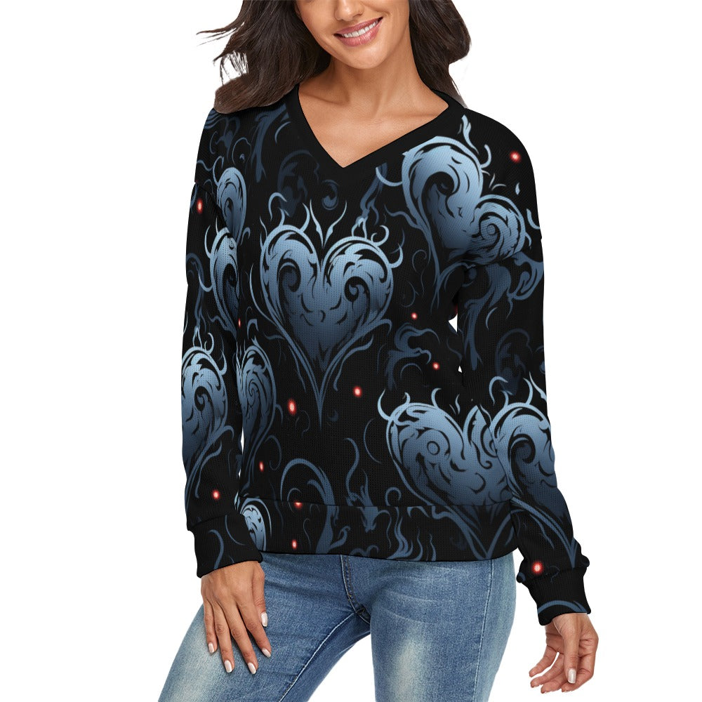 Gothic Blue Heart V-Neck Long Sleeve Sweater