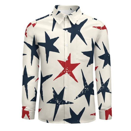 Blue And Red Stars Casual One Pocket Long Sleeve Shirt