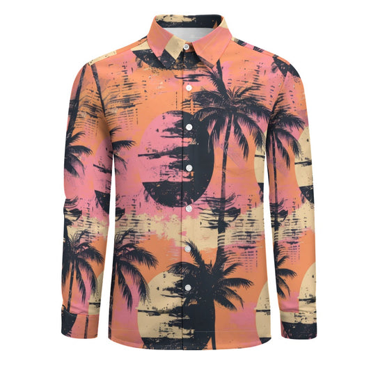 Grunge Sunset And Palm Trees Casual One Pocket Long Sleeve Shirt