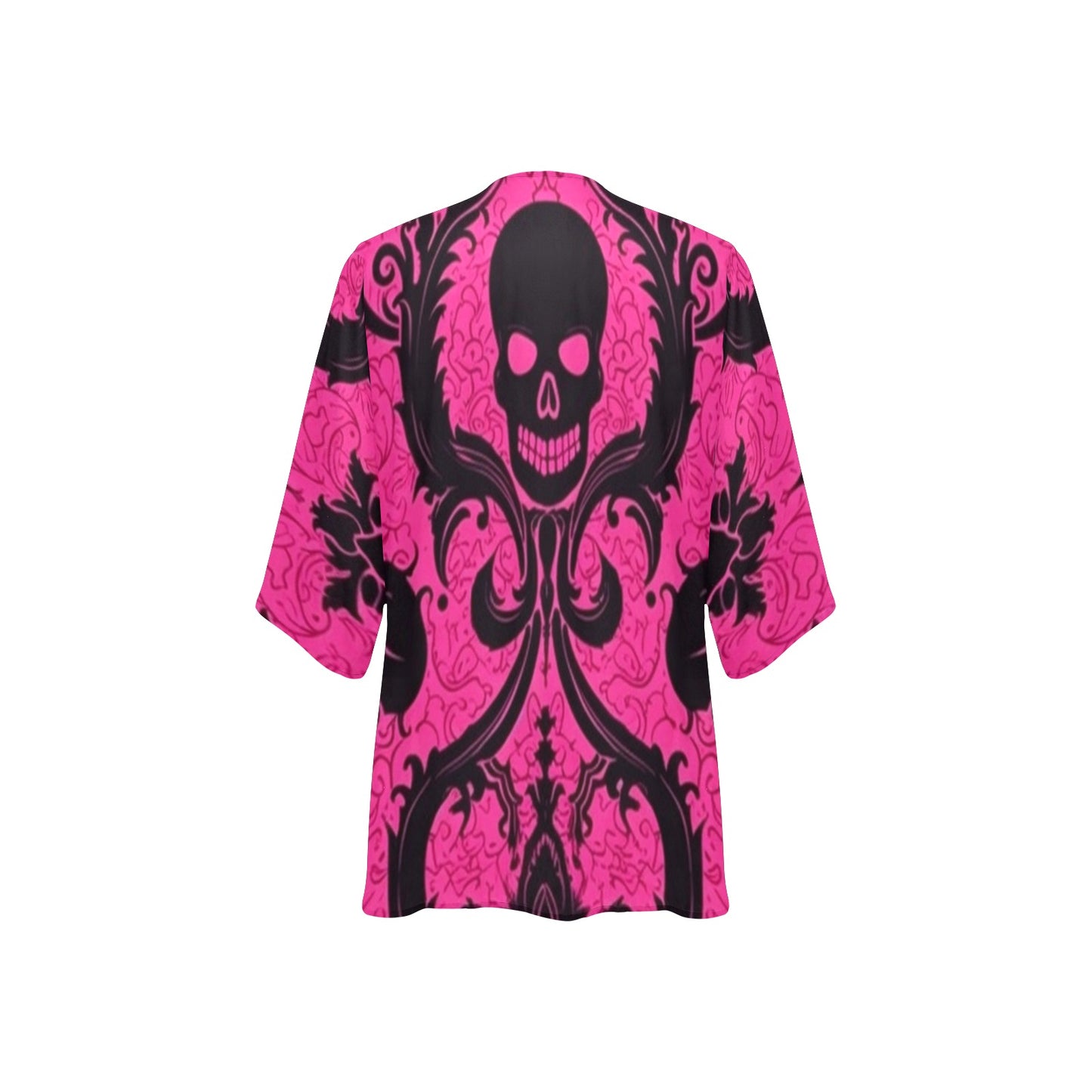 Black Skulls On Pink Kimono Chiffon Cover Up
