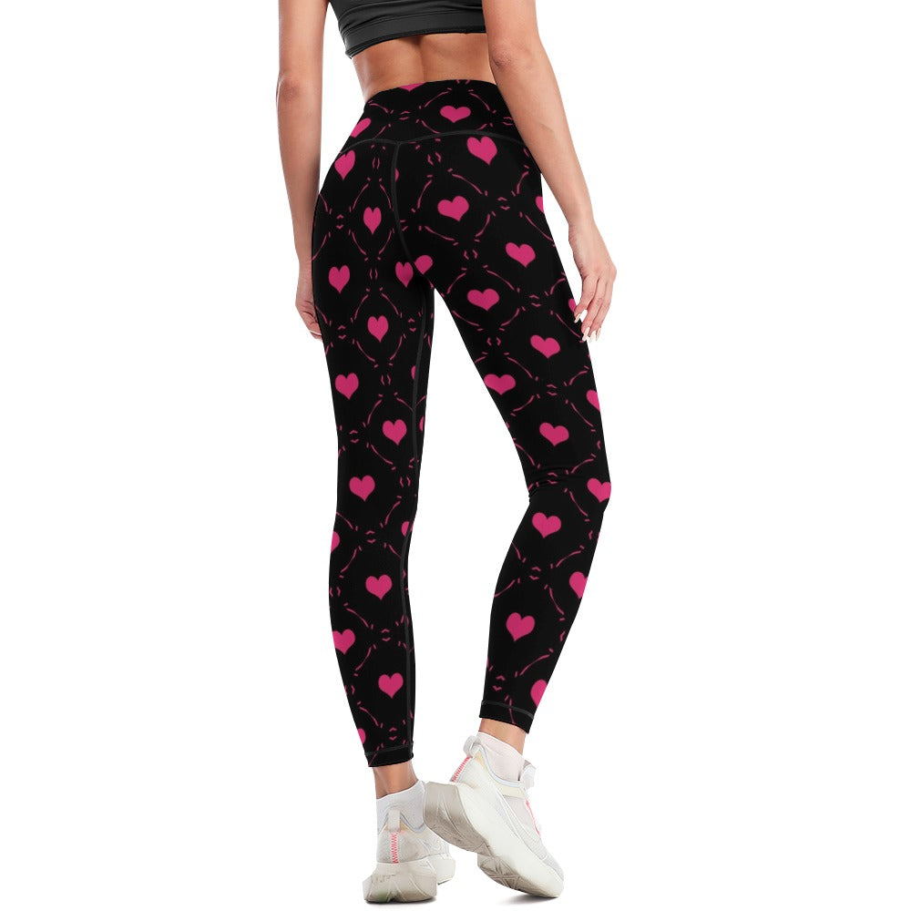 Pink Hearts On Black Yoga Pants