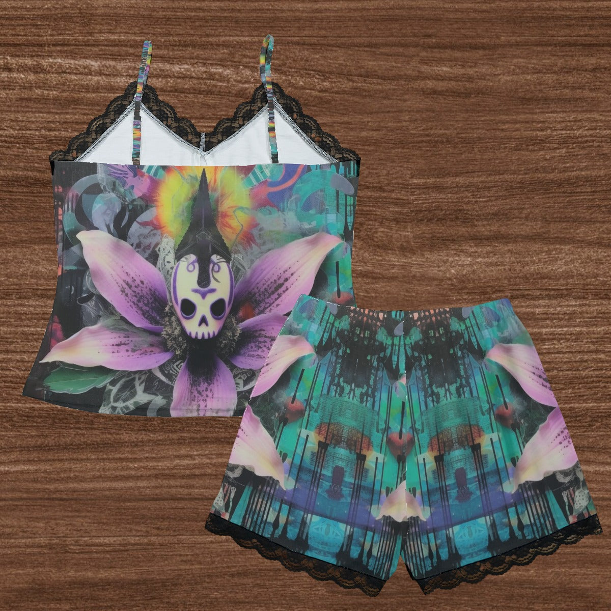 Death Flower Cami Home Suit With Lace Edge