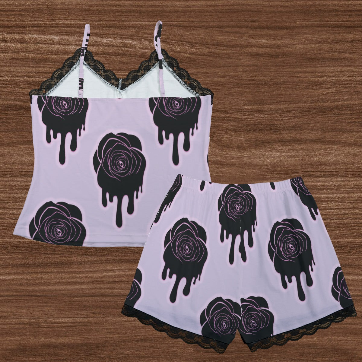 Dripping Black Roses Cami Home Suit With Lace Edge
