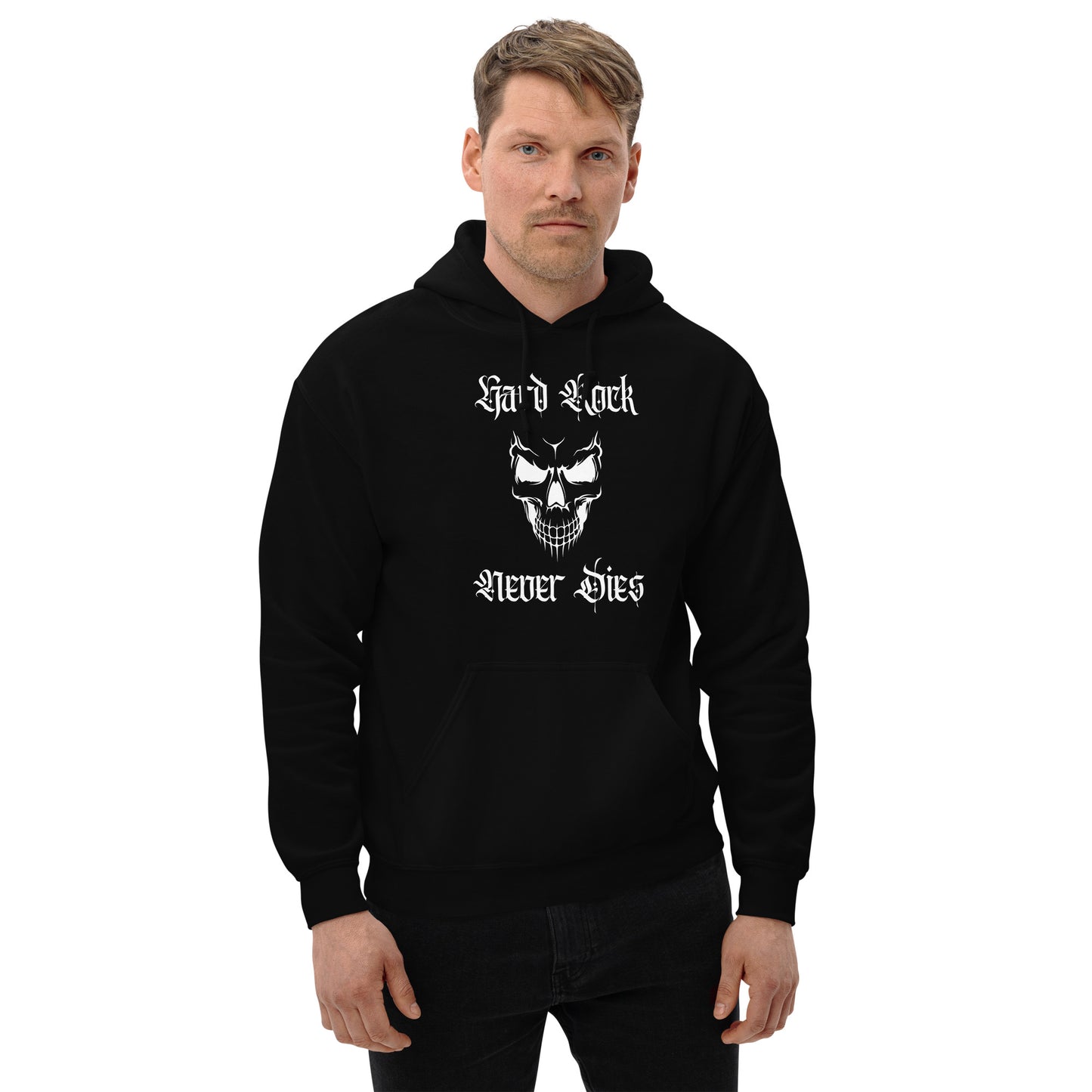 Hard Rock Never Dies Hoodie on a man