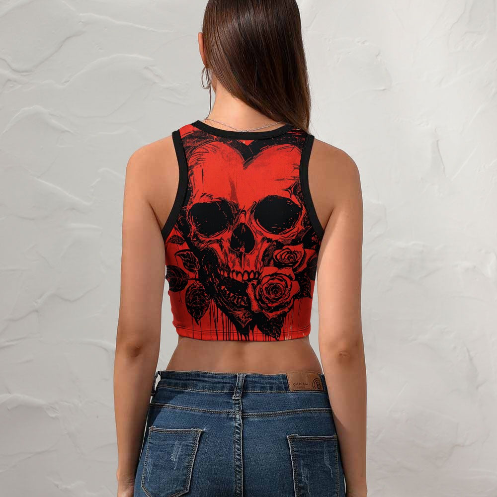 Skull And Rose Cropped Slim Racer Tank Top