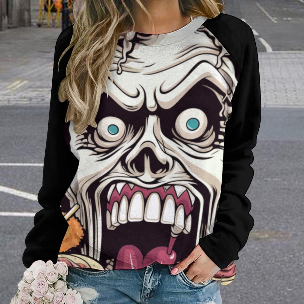 Snack Time Skull Raglan Round Neck Sweater