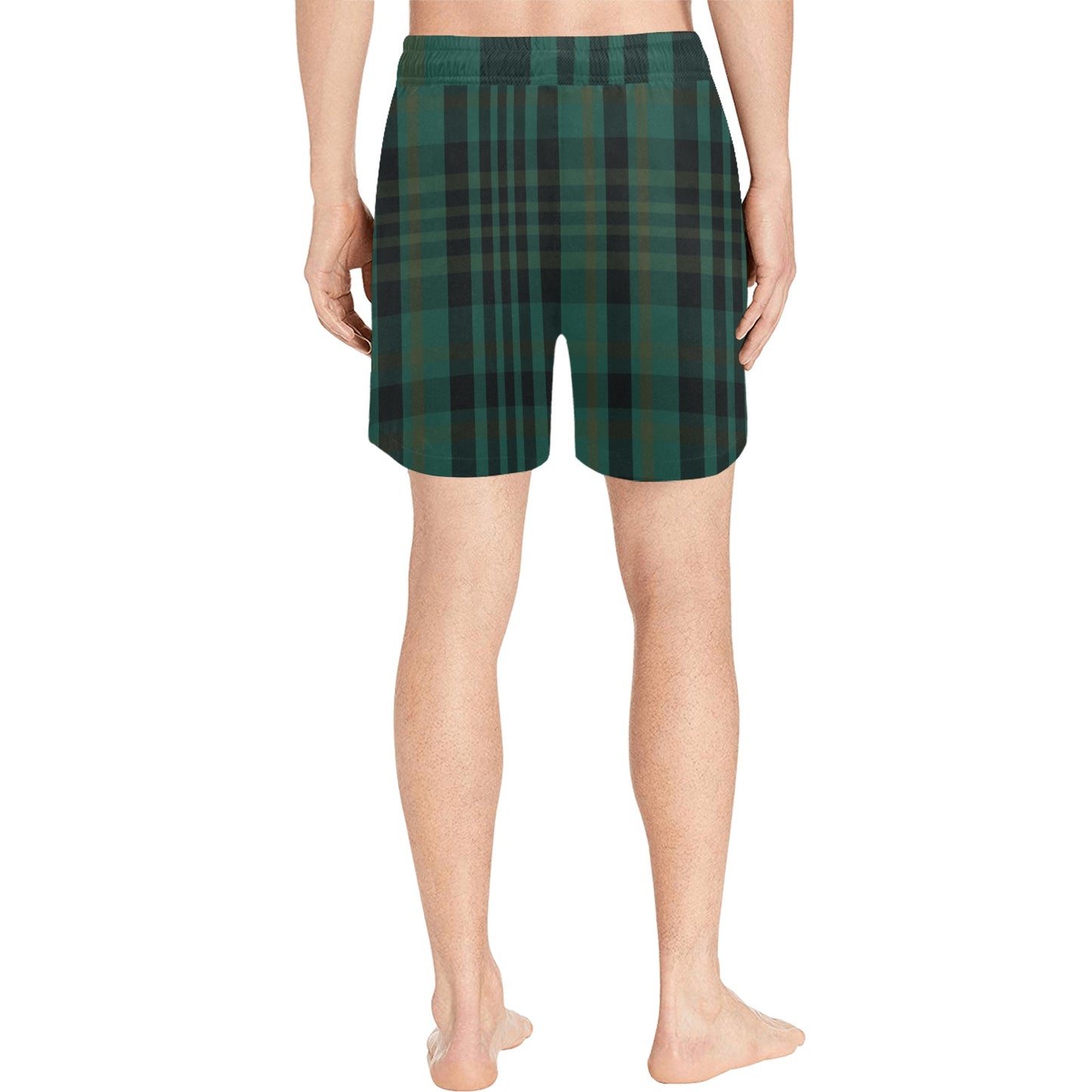 Dark Green Plaid Men's Mid-Length Swim Shorts