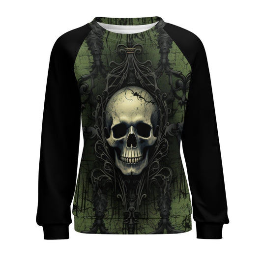 Gothic Green And Black Skull Raglan Round Neck Sweater