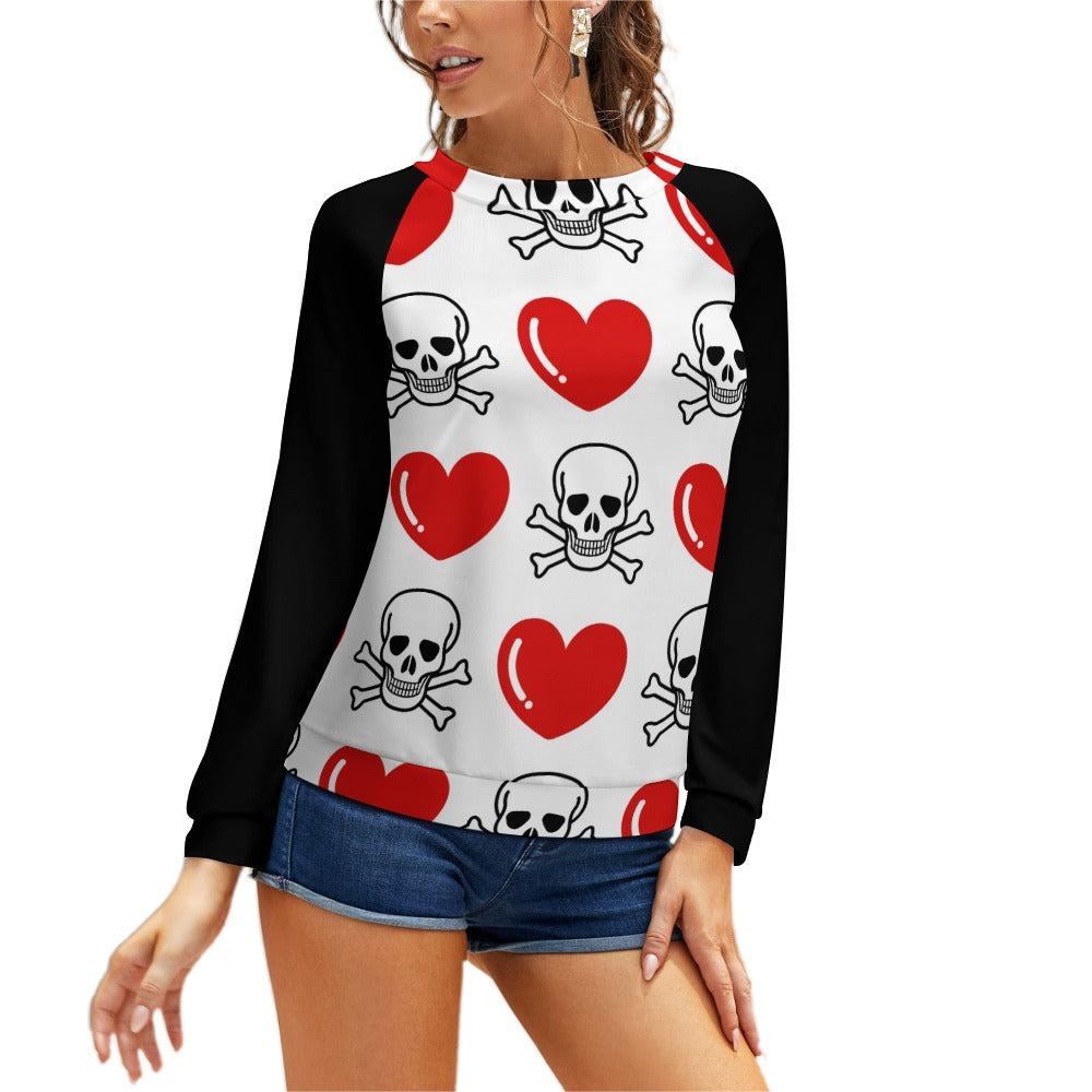 Skull And Cross Bones And Hearts Raglan Round Neck Sweater