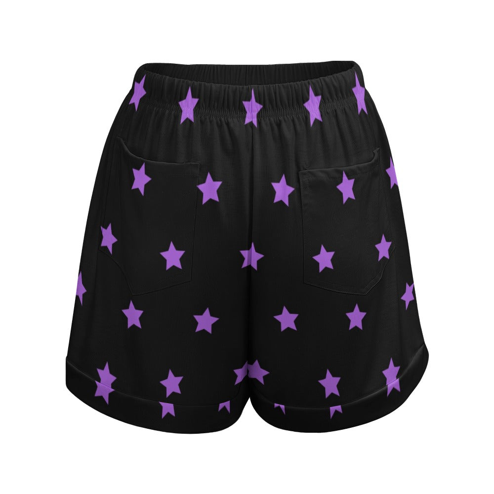 Purple Stars High Waist Loose Elastic Waist Shorts