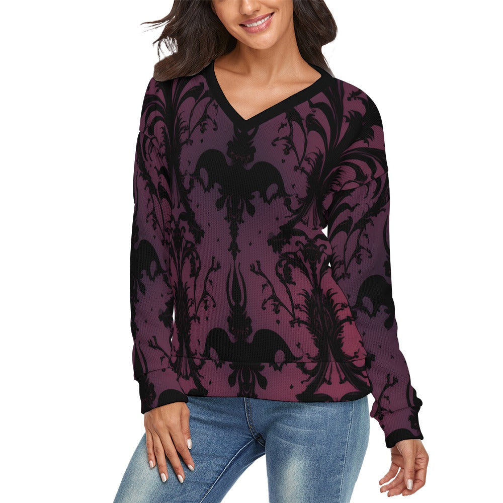 Gothic Purple And Black V-Neck Long Sleeve Sweater