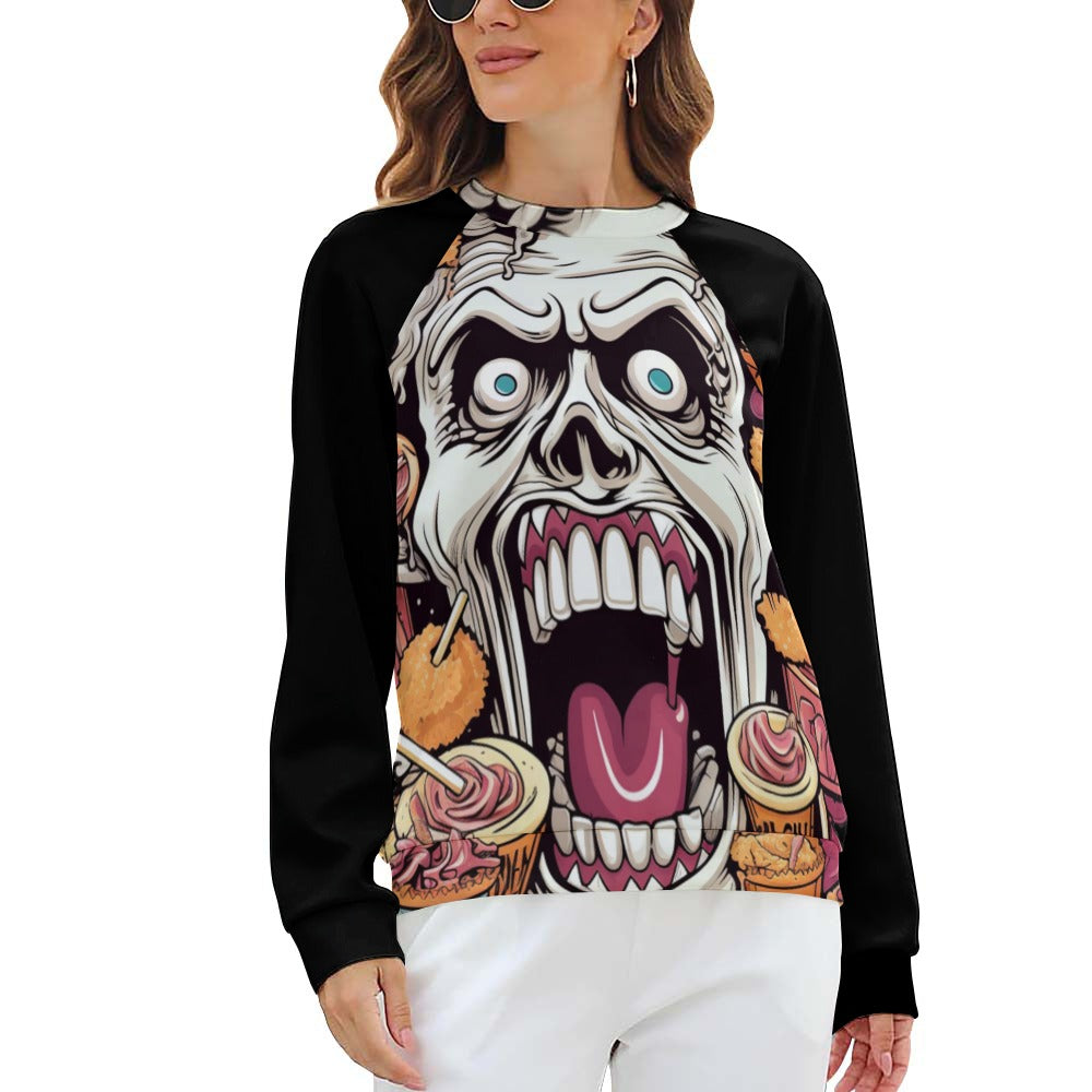 Snack Time Skull Raglan Round Neck Sweater