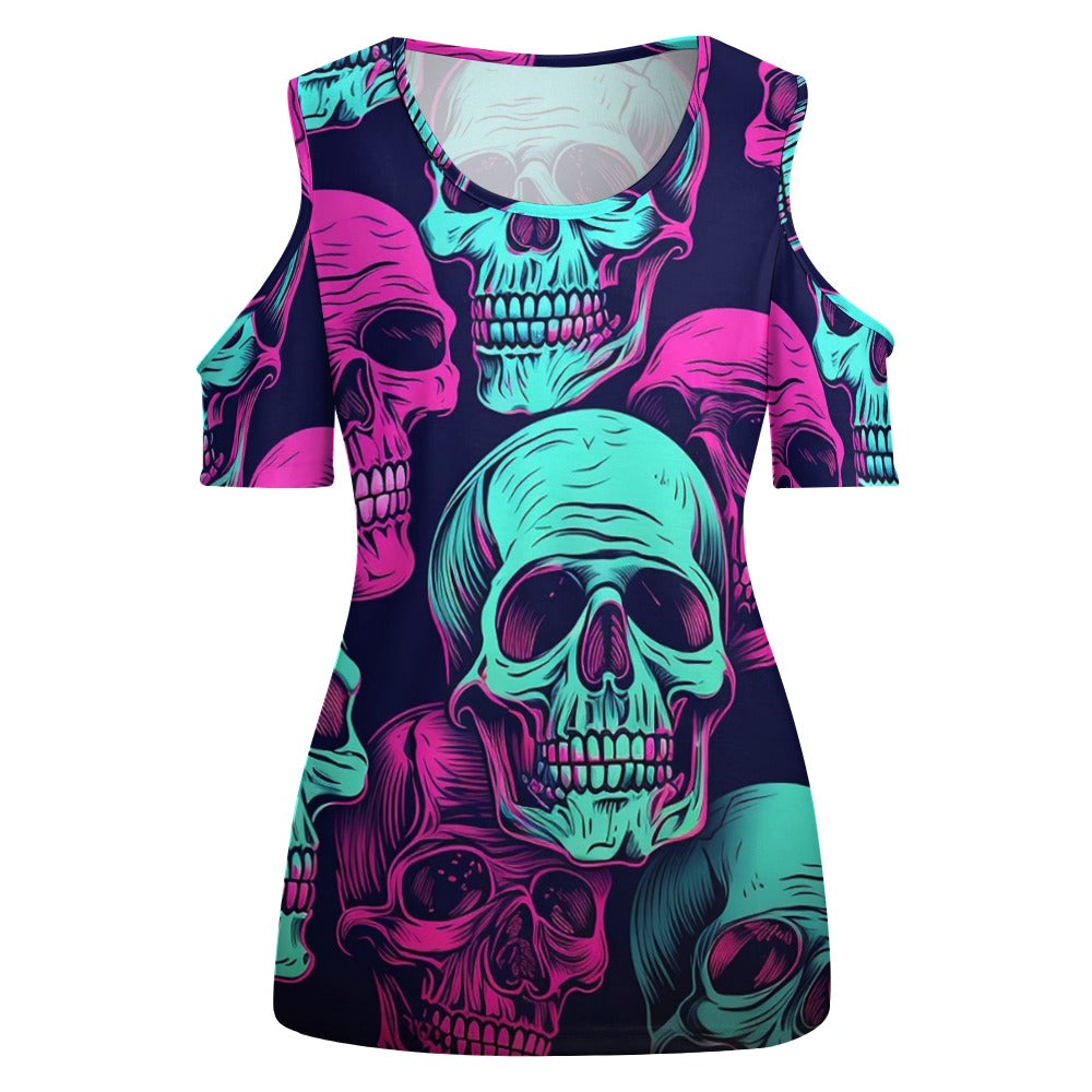 Neon Skulls Off The Shoulder U-neck Short Sleeve Top