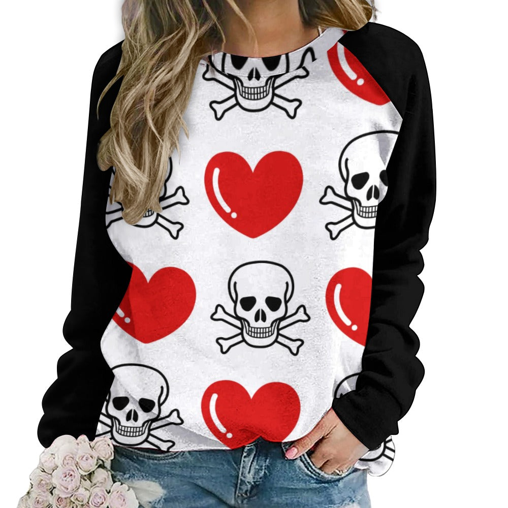 Skull And Cross Bones And Hearts Raglan Round Neck Sweater