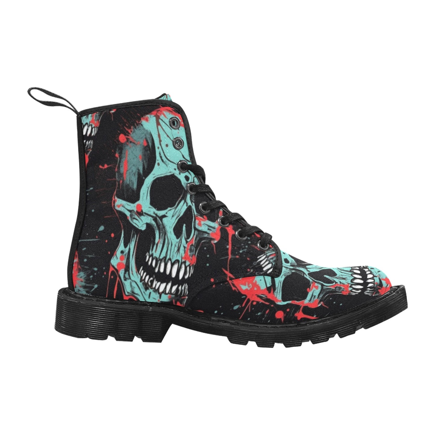 Blue Skulls With Red Splatter Lace Up Canvas Boots