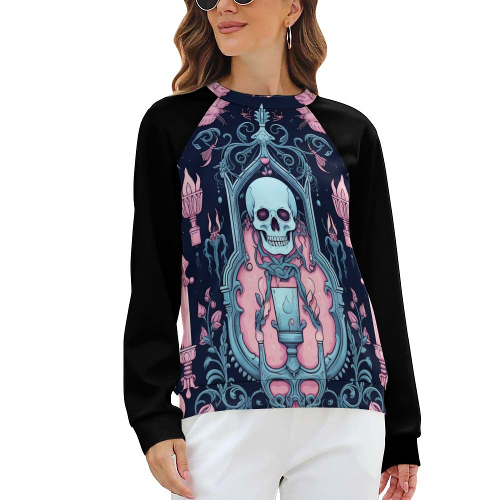 Pink Gothic And Skull Raglan Round Neck Sweater