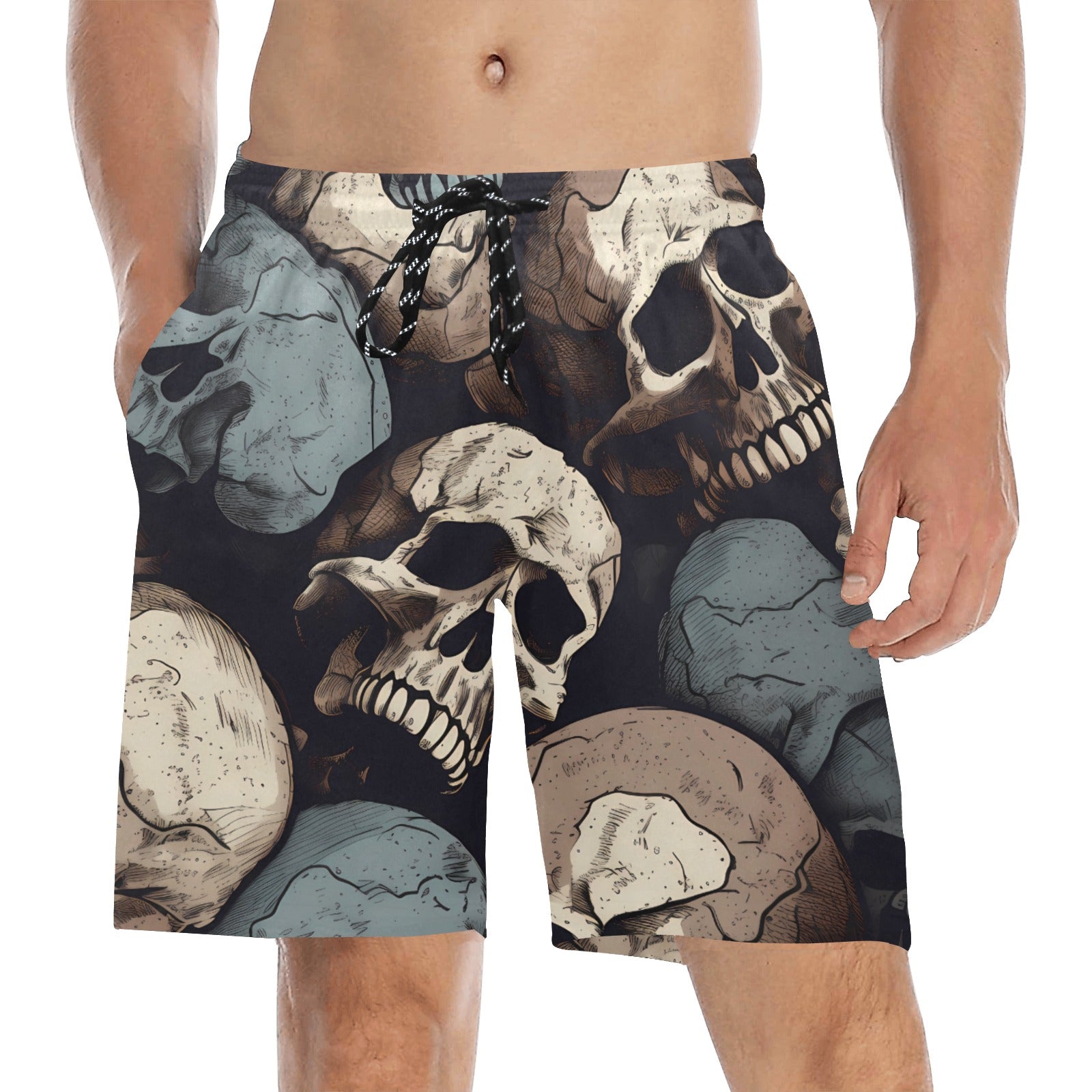 Gray And White Skulls Beach Shorts