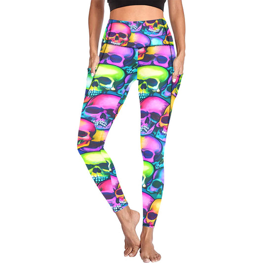 Colorful Skull Head Leggings with Pockets