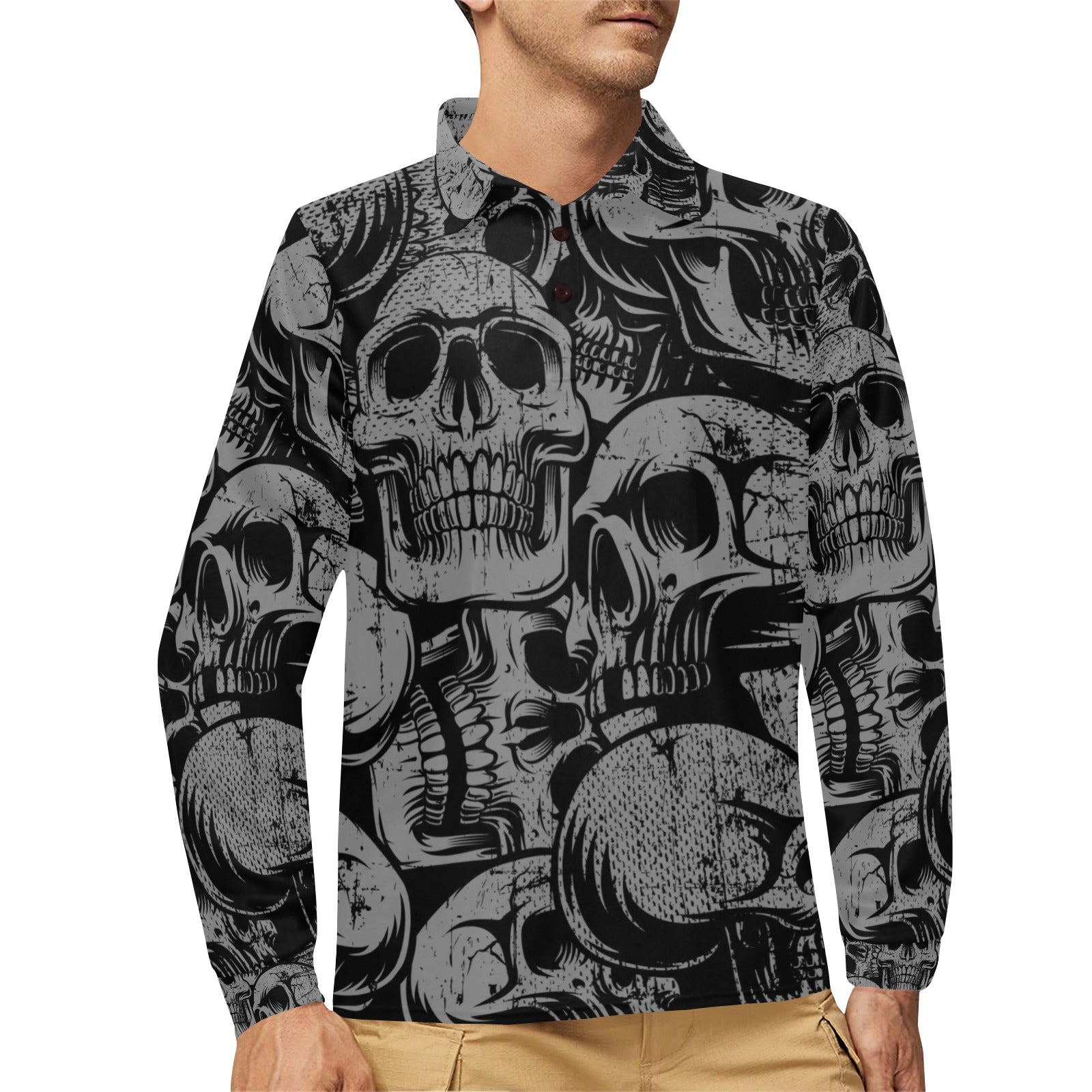 Silver Skulls Long Sleeve Polo Shirt