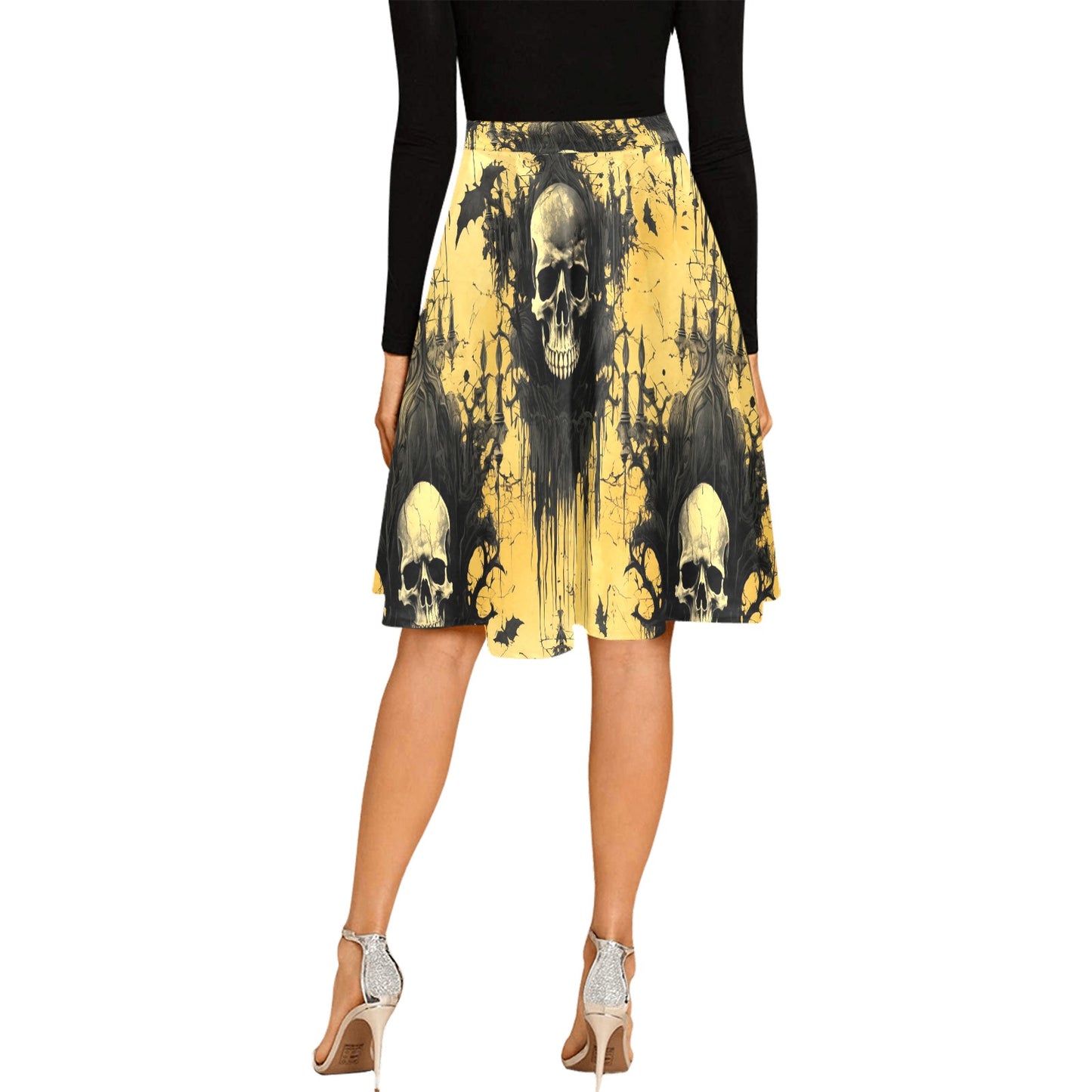 Gothic Skulls And Faded Yellow Pleated Midi Skirt