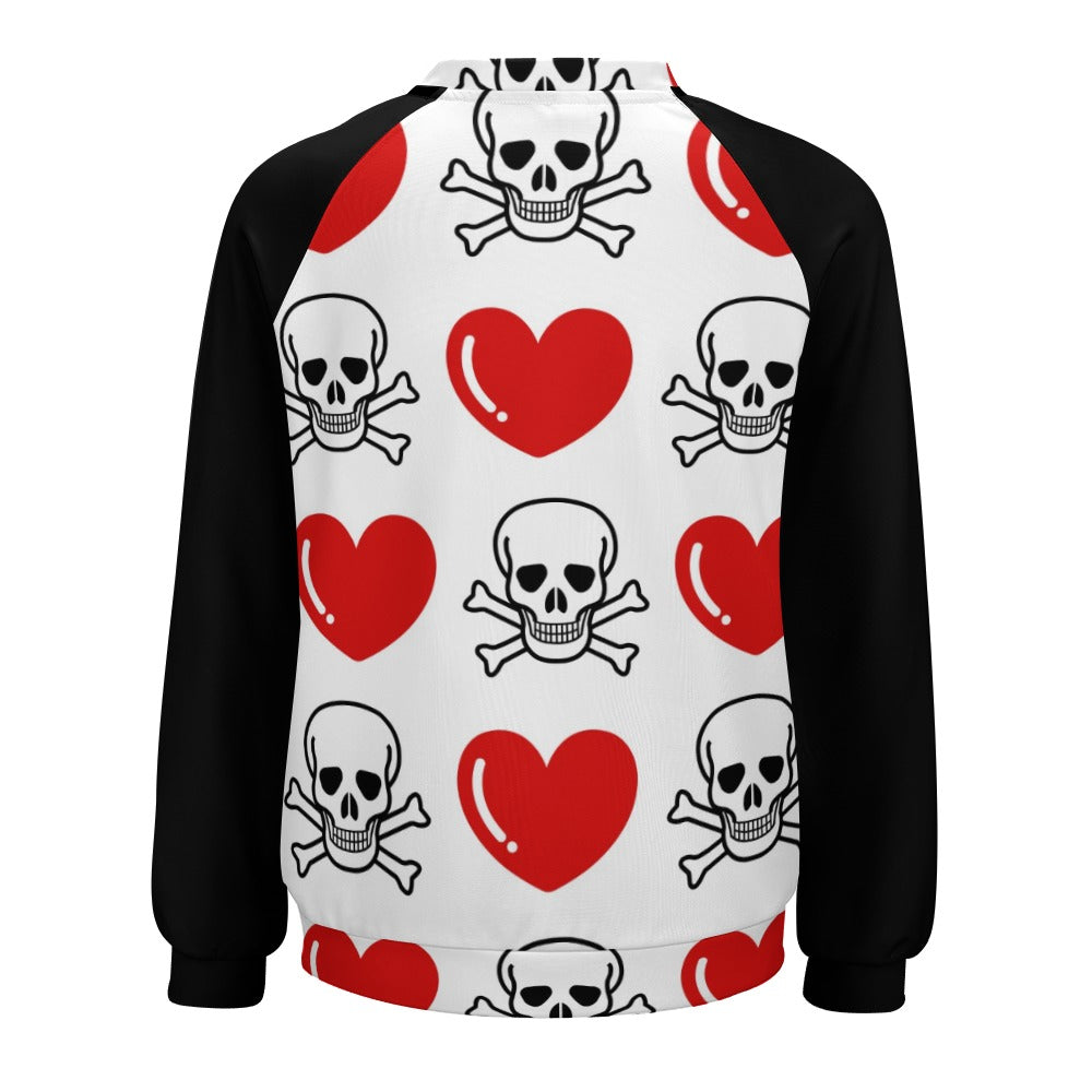 Skull And Cross Bones And Hearts Raglan Round Neck Sweater