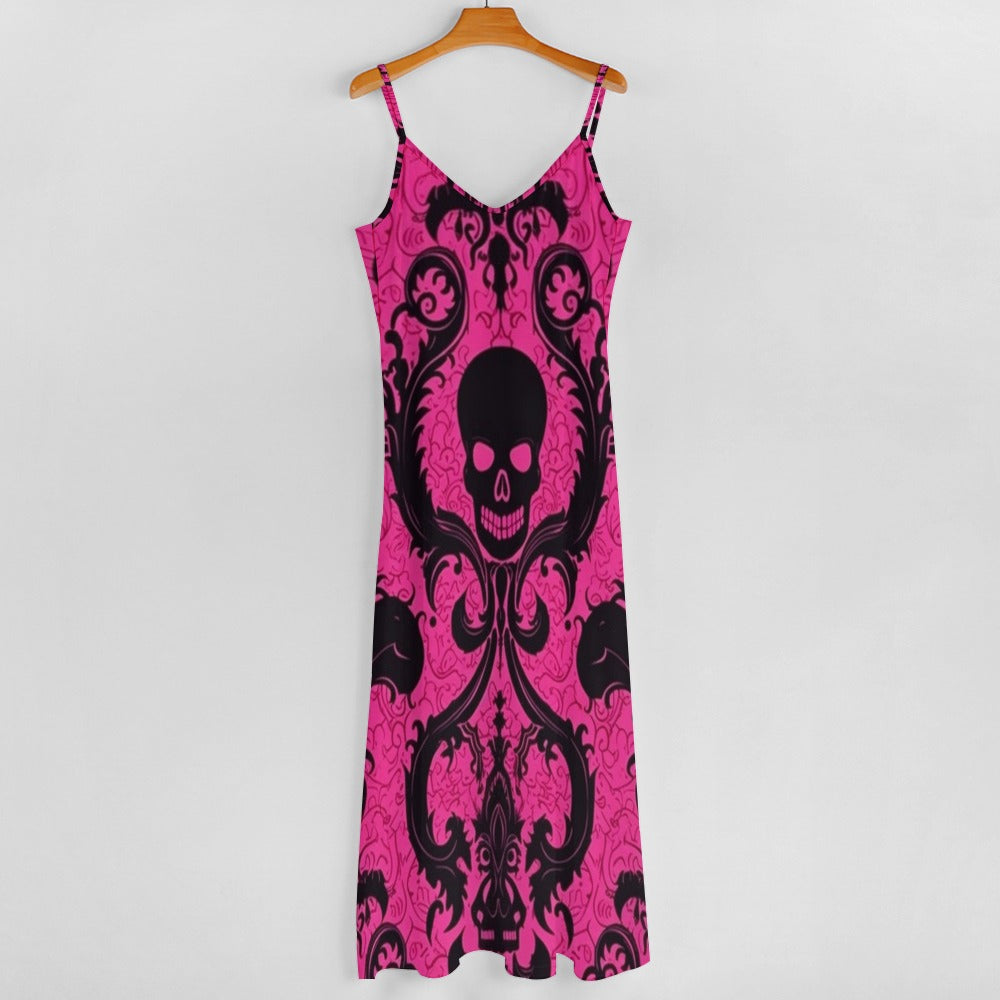 Skulls On Pink Sling Ankle Long Dress