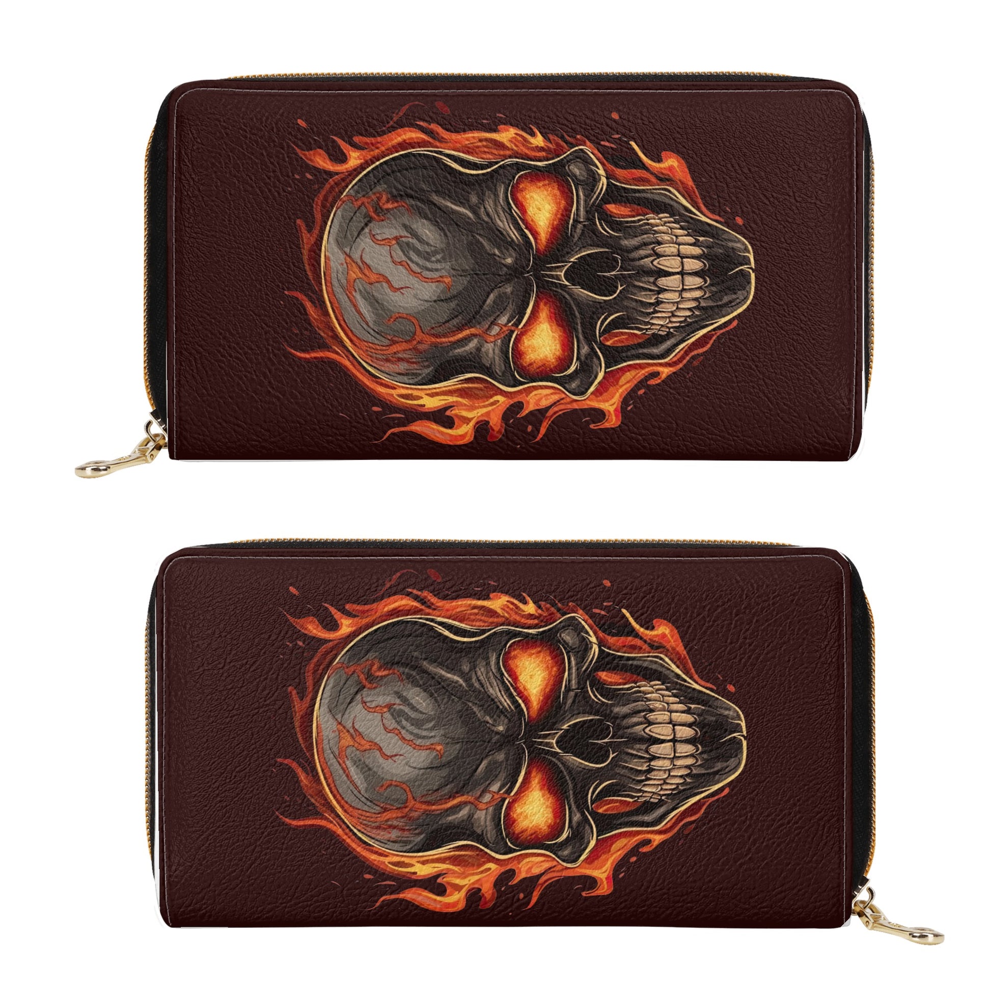 Flaming Skull Zipper Leather Wallet