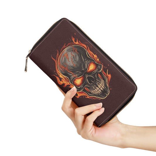 Flaming Skull Zipper Leather Wallet