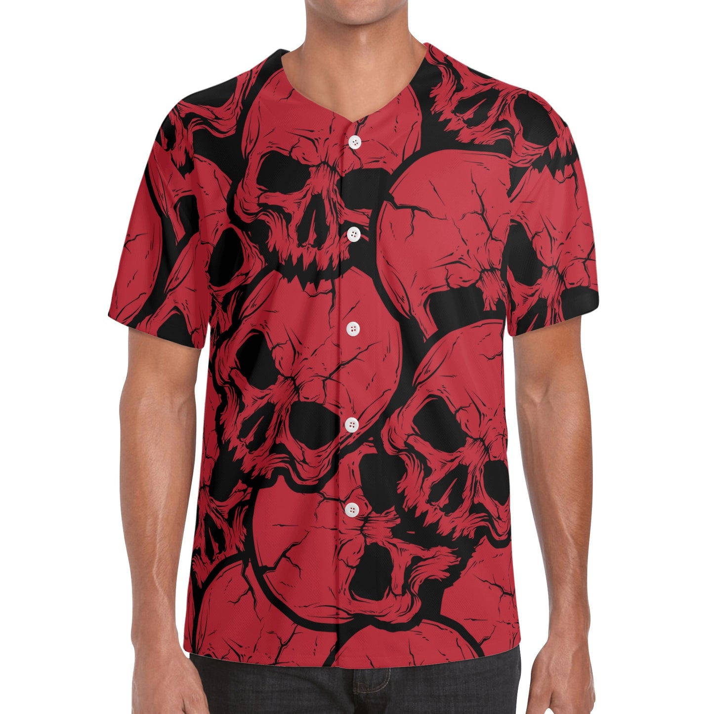 Red Skulls Short Sleeve Baseball Jersey