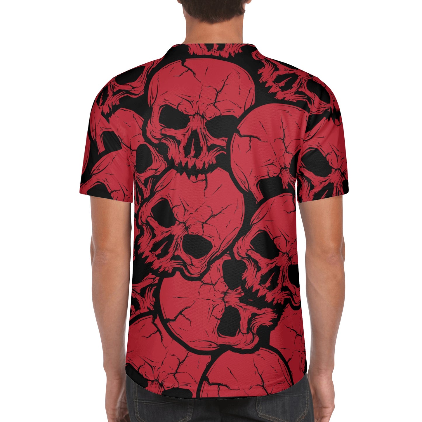 Red Skulls Short Sleeve Baseball Jersey