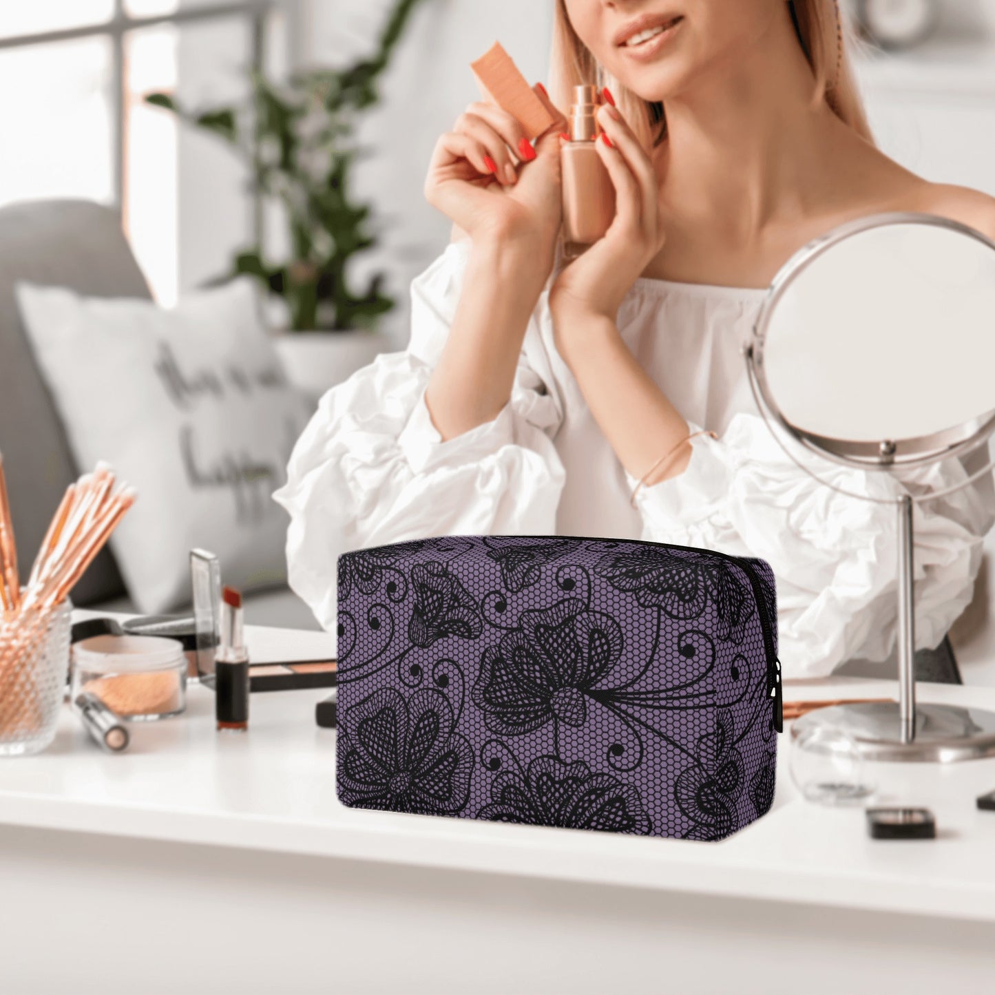 Lacey Purple Flower Leather Cosmetic Bag